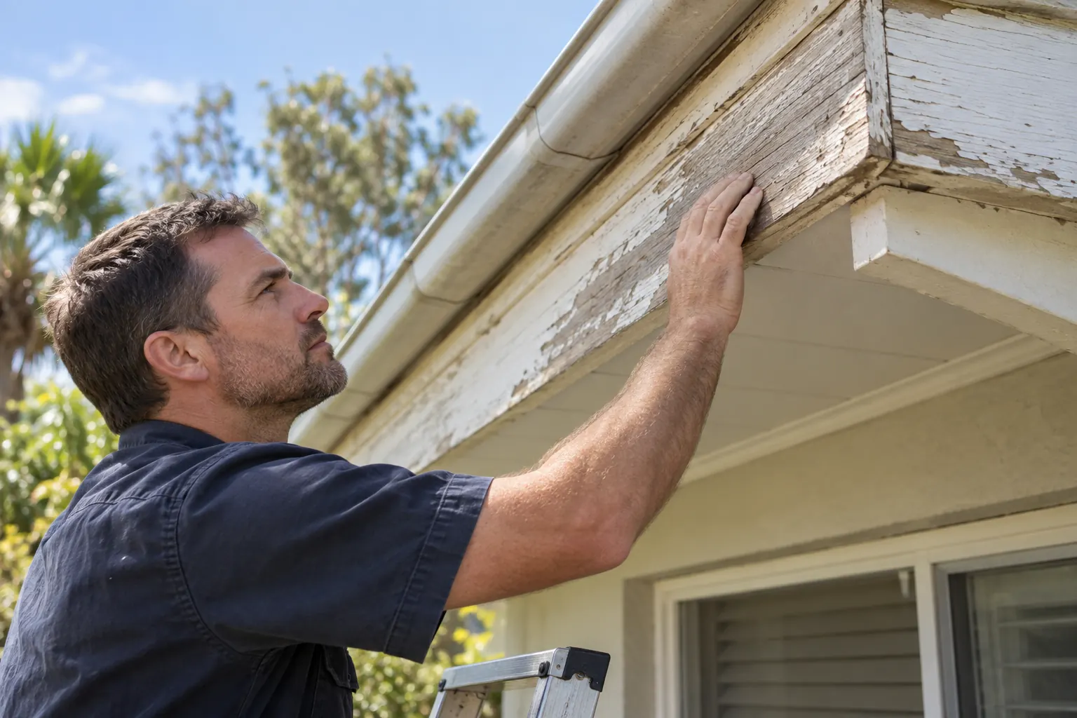 Carpenter checking a timber fascia board